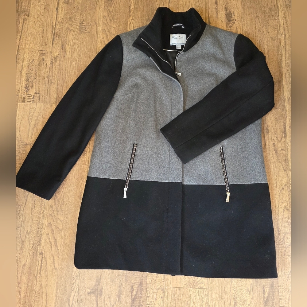 Nautica Black and Gray Jacket Long Line Color Block Wool Coat,size XL